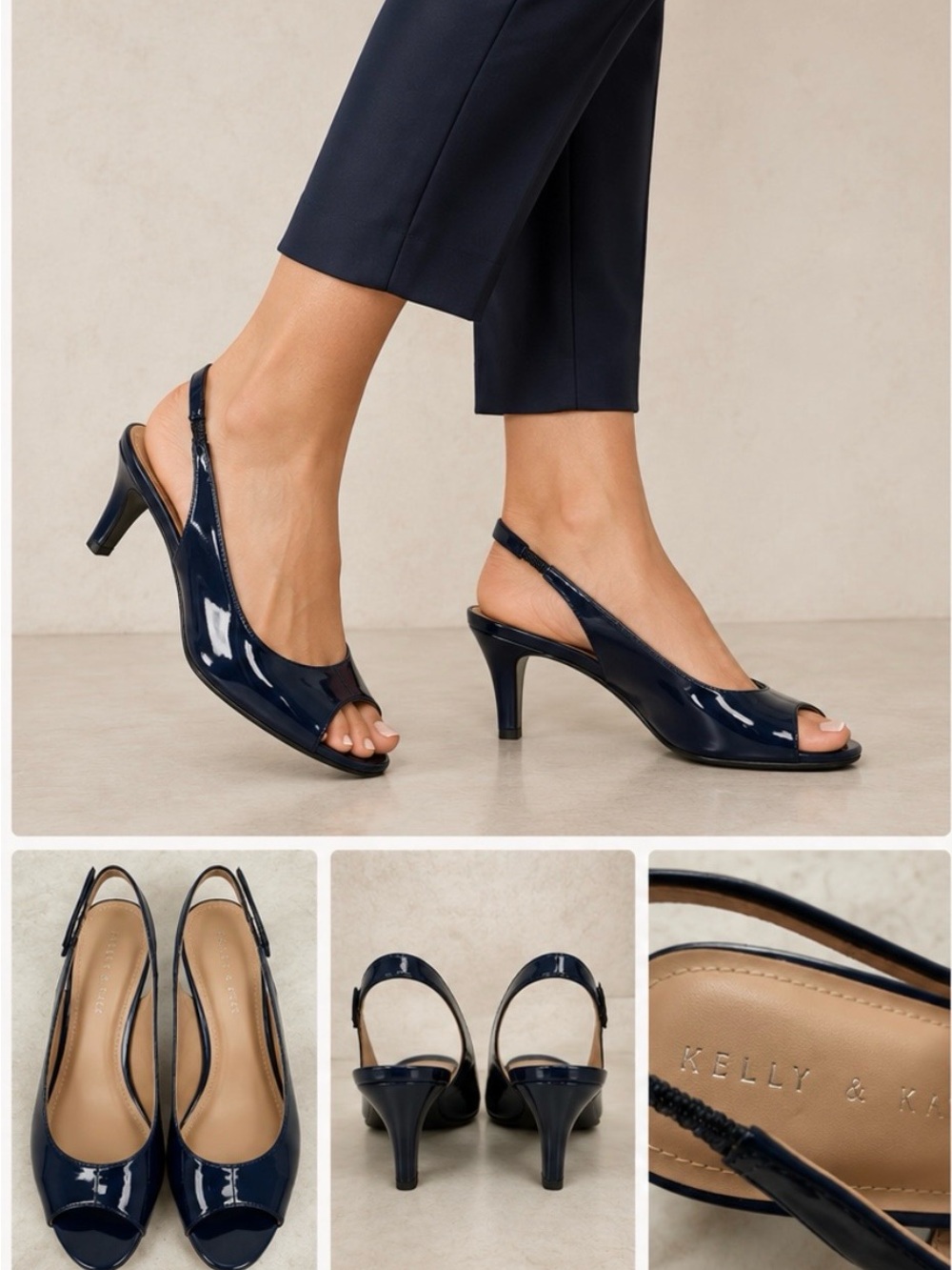 Kelly & Katie Navy Blue Patent Slingback Peep Toe Heels Women’s Size 8.5
